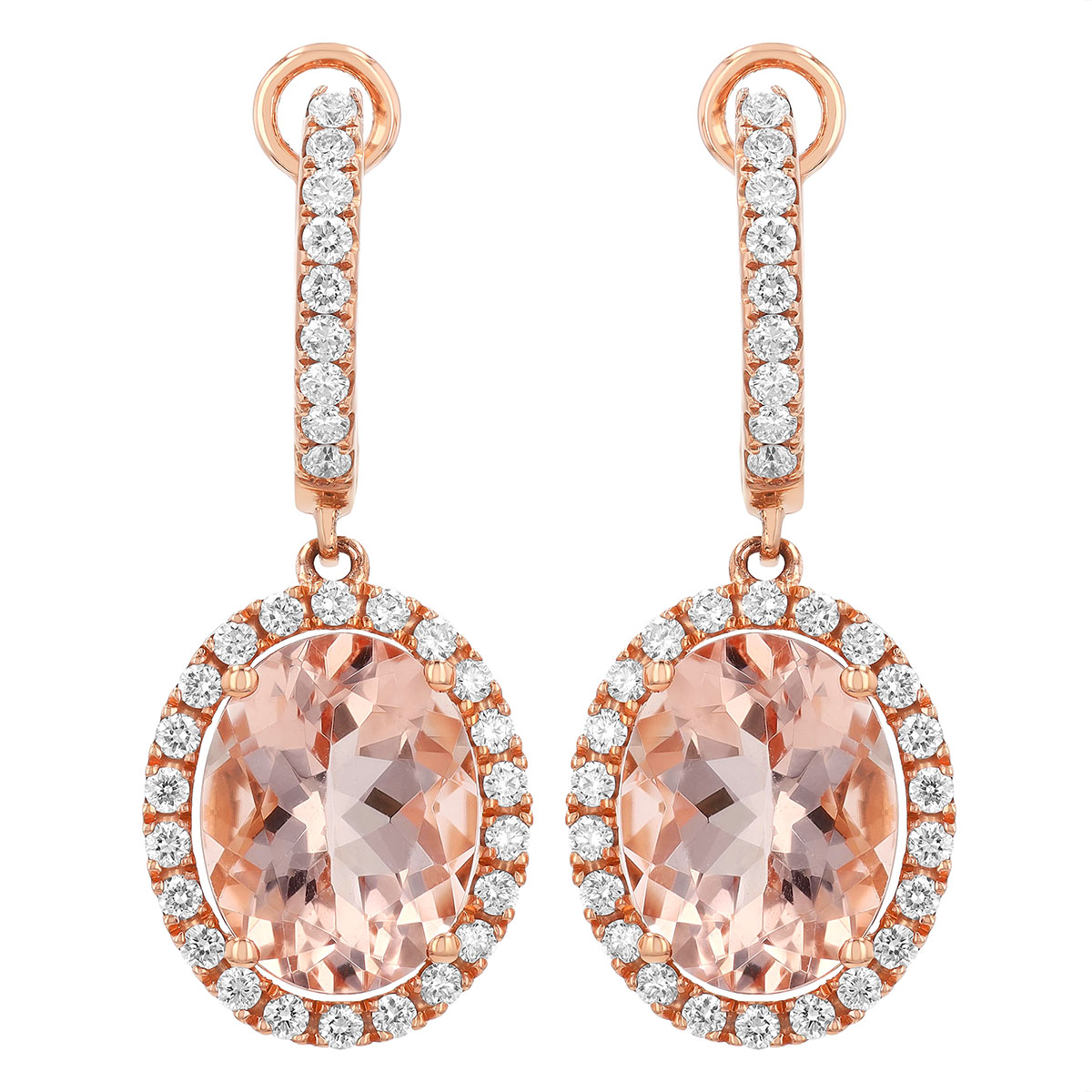 Oval Morganite & Diamond Halo Dangle Hoop Earrings in Rose Gold