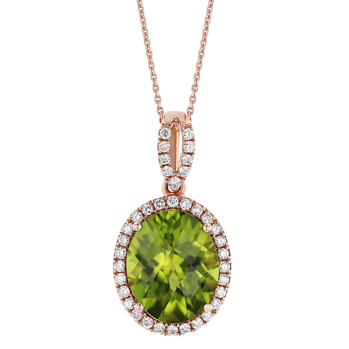 Oval Peridot & Diamond Halo Pendant in Rose Gold, 18