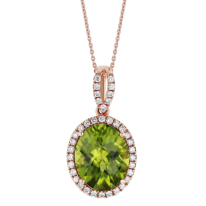 Oval Peridot & Diamond Halo Pendant in Rose Gold, 18"