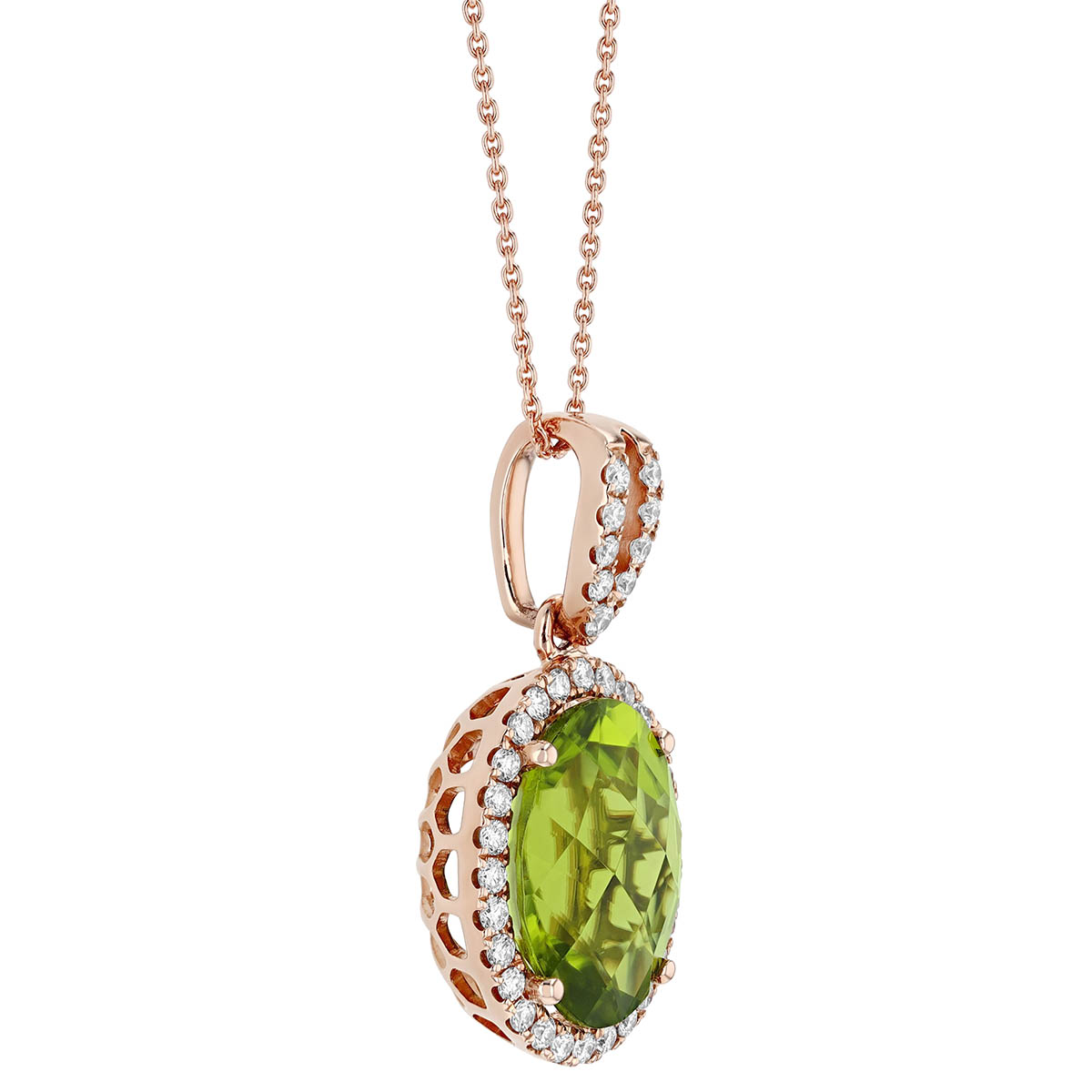 Oval Peridot & Diamond Halo Pendant in Rose Gold, 18