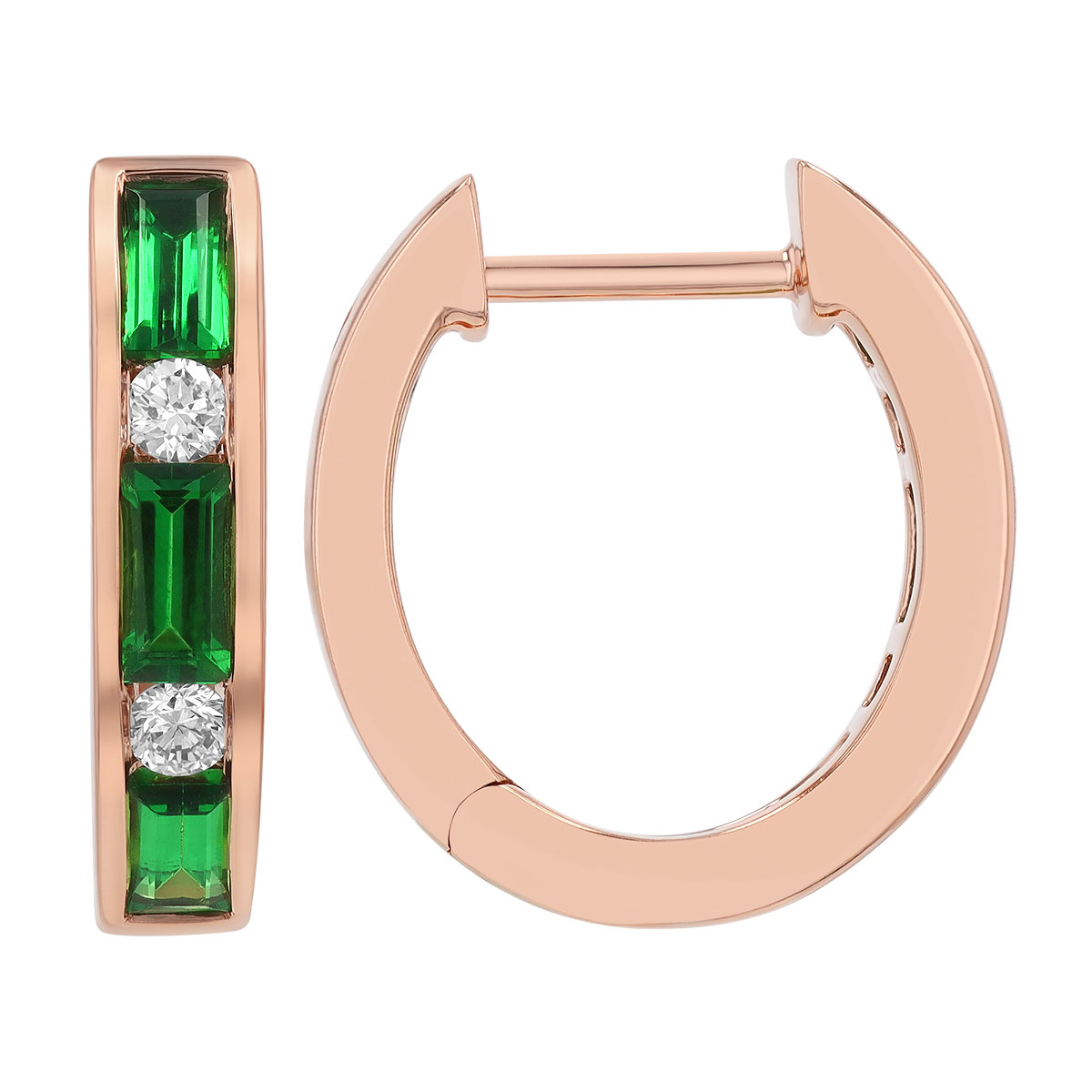 Baguette Tsavorite Garnet & Diamond Alternating Channel Set Huggie Hoop Earrings in Rose Gold