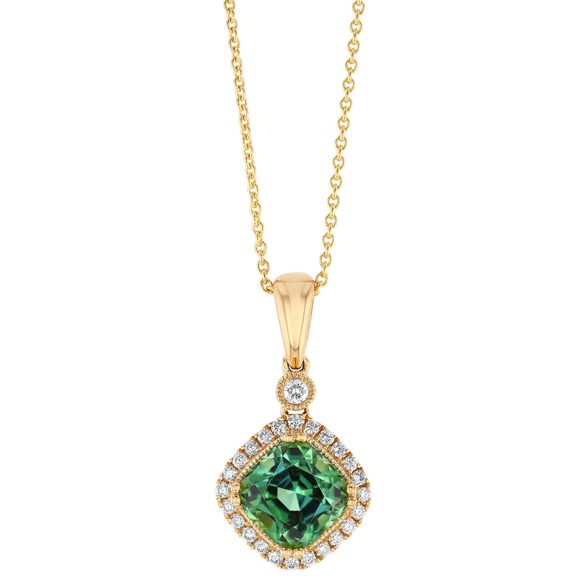 Cushion Tourmaline & Diamond Halo Pendant in Yellow Gold, 18