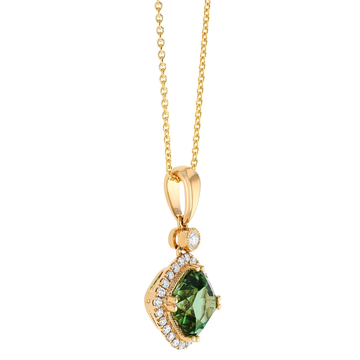 Cushion Tourmaline & Diamond Halo Pendant in Yellow Gold, 18