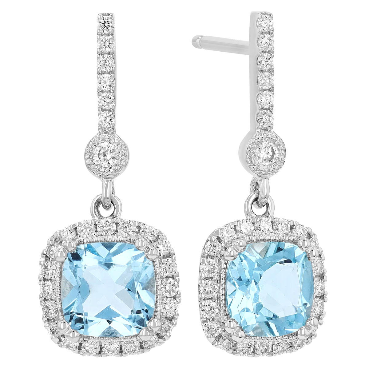 Cushion Aquamarine & Diamond Halo Dangle Earrings in White Gold
