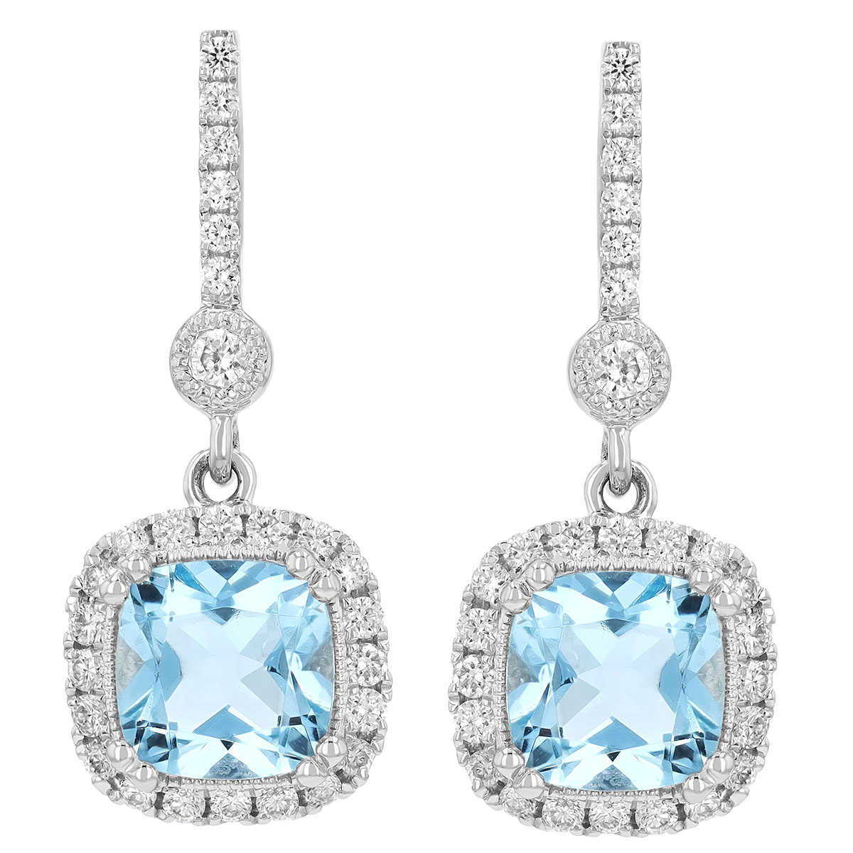 Cushion Aquamarine & Diamond Halo Dangle Earrings in White Gold