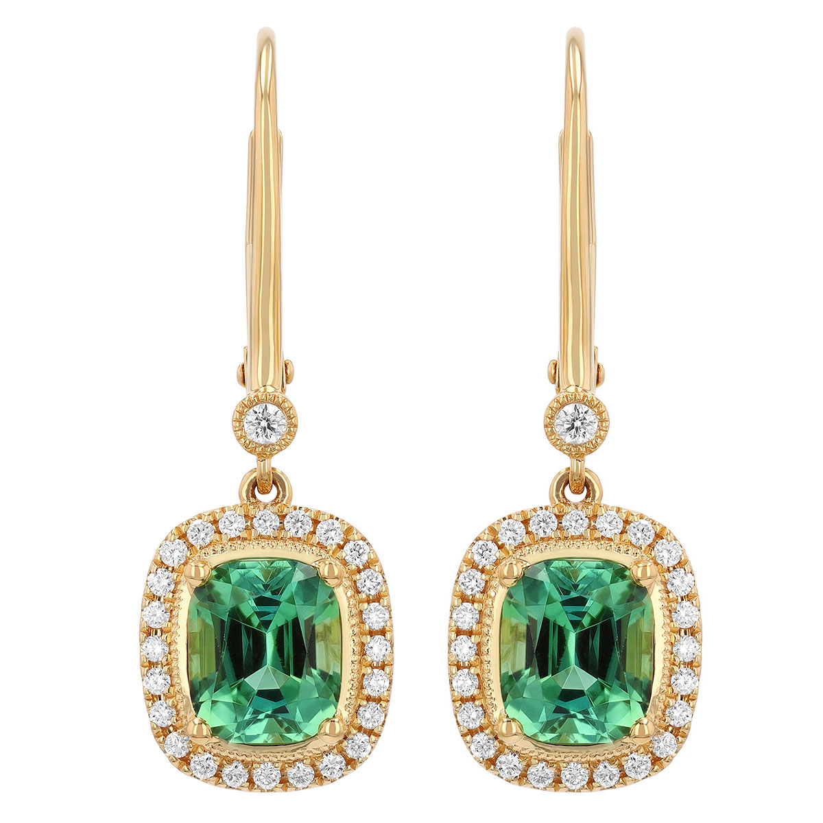 Cushion Tourmaline & Diamond Halo Drop Earrings in Yellow Gold