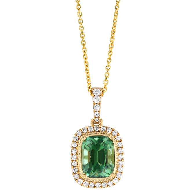 Cushion Cut Tourmaline & Diamond Halo Pendant in Yellow Gold, 18"