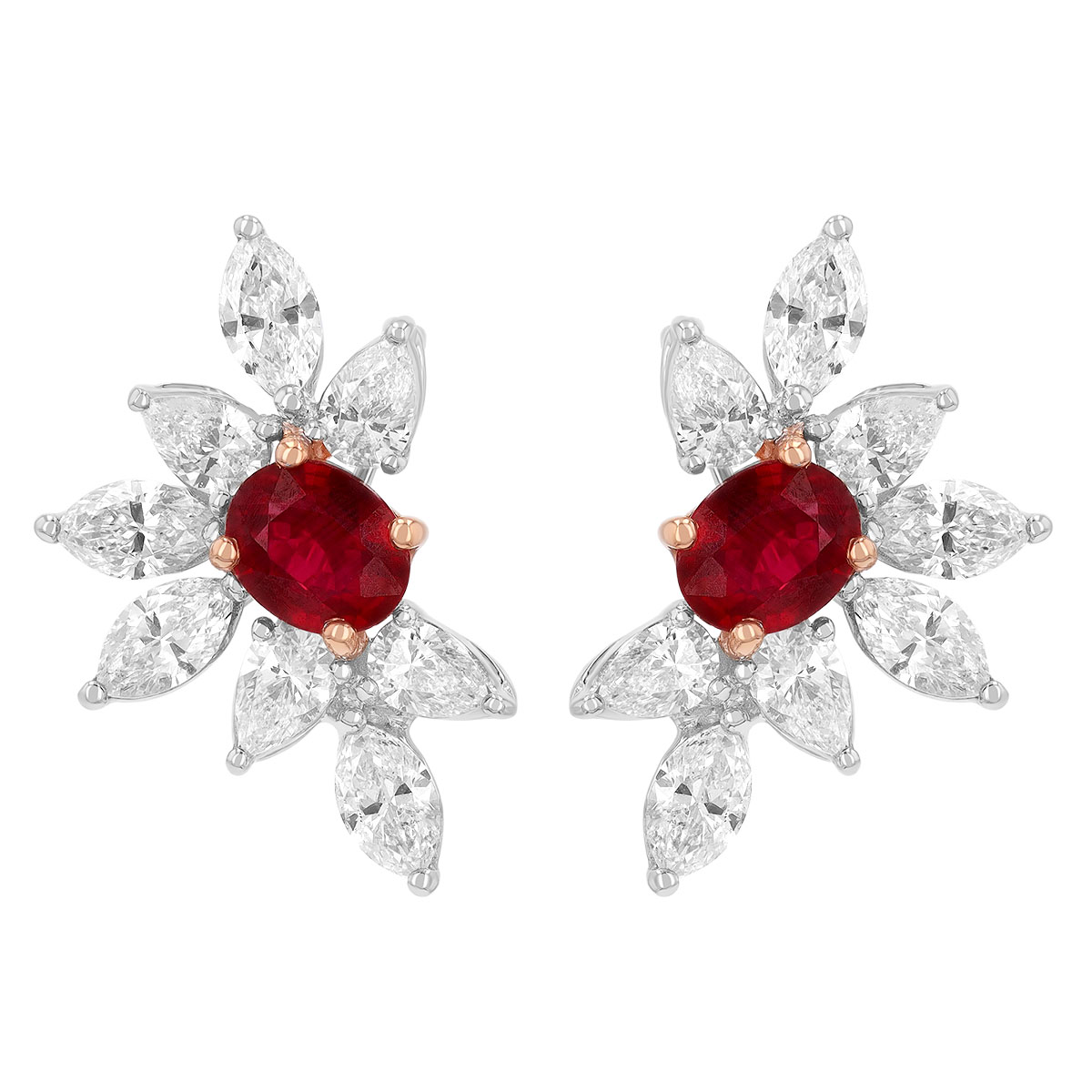 Oval Ruby & Diamond Floral Stud Earrings in Rose & White Gold