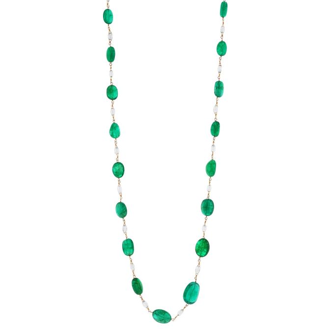 TARA Pearls Emearld & Diamond Briollete Station Necklace in Yellow Gold, 20"