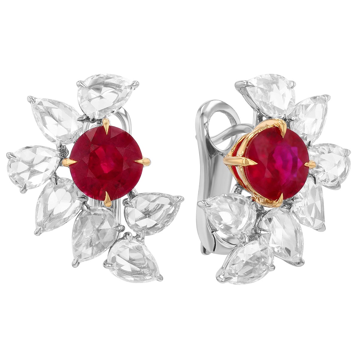 TARA Pearls Round Ruby & Pear Shape Diamond Floral Cluster Stud Earrings in Two Tone
