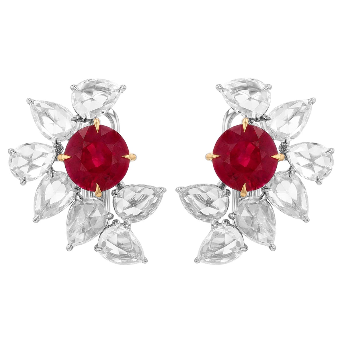 TARA Pearls Round Ruby & Pear Shape Diamond Floral Cluster Stud Earrings in Two Tone