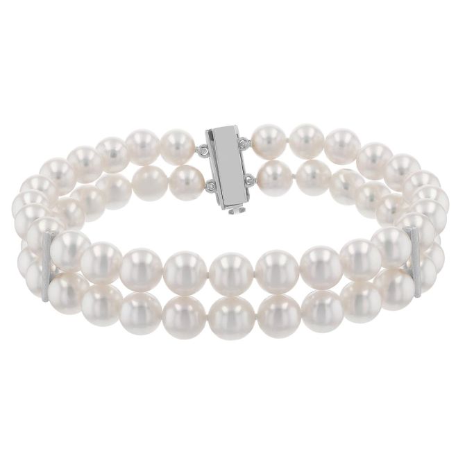 TARA Pearls Cultured Pearl Double Strand Bracelet with White Gold Stations, 8"
