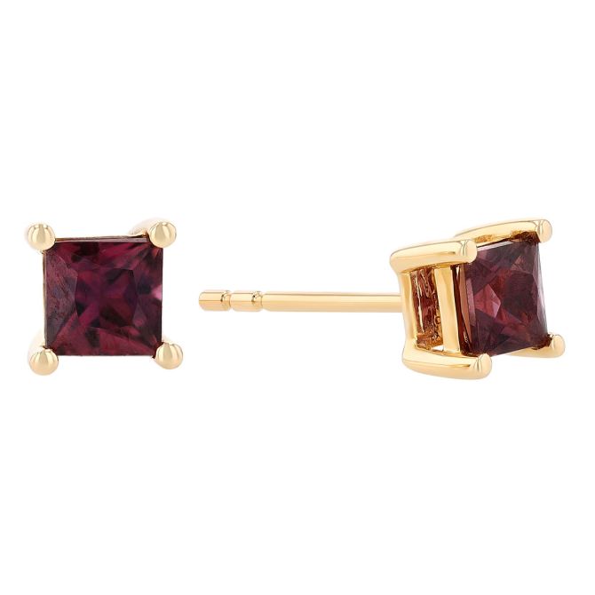 Princess Cut Ruby Stud Earrings in Yellow Gold