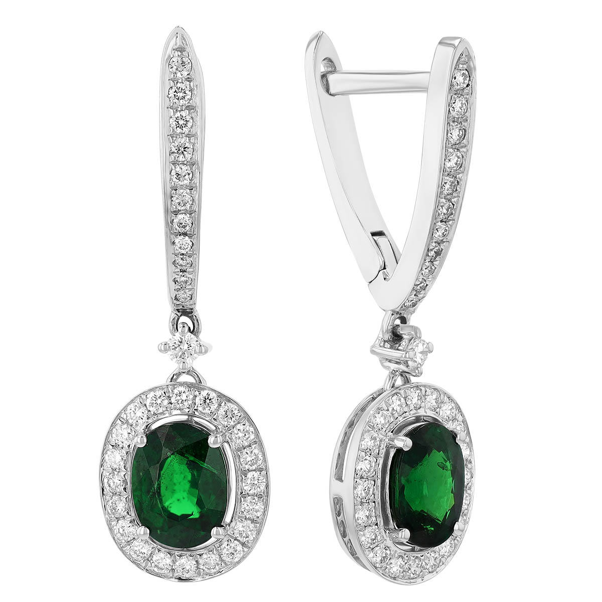 Oval Tsavorite Garnet & Diamond Halo Dangle V-Hoop Earrings in White Gold