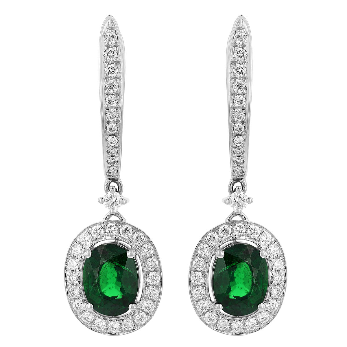 Oval Tsavorite Garnet & Diamond Halo Dangle V-Hoop Earrings in White Gold