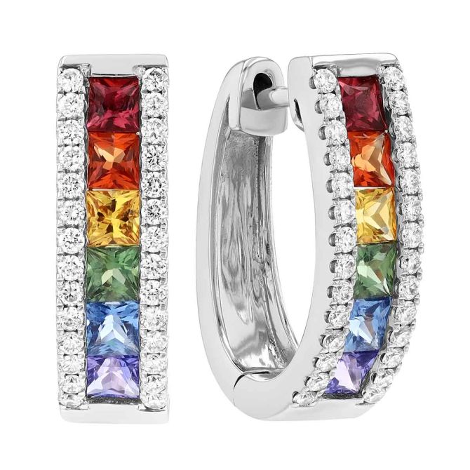 Channel Set Princess Cut Multicolored Sapphire & Diamond Hoop Earrings in White Gold