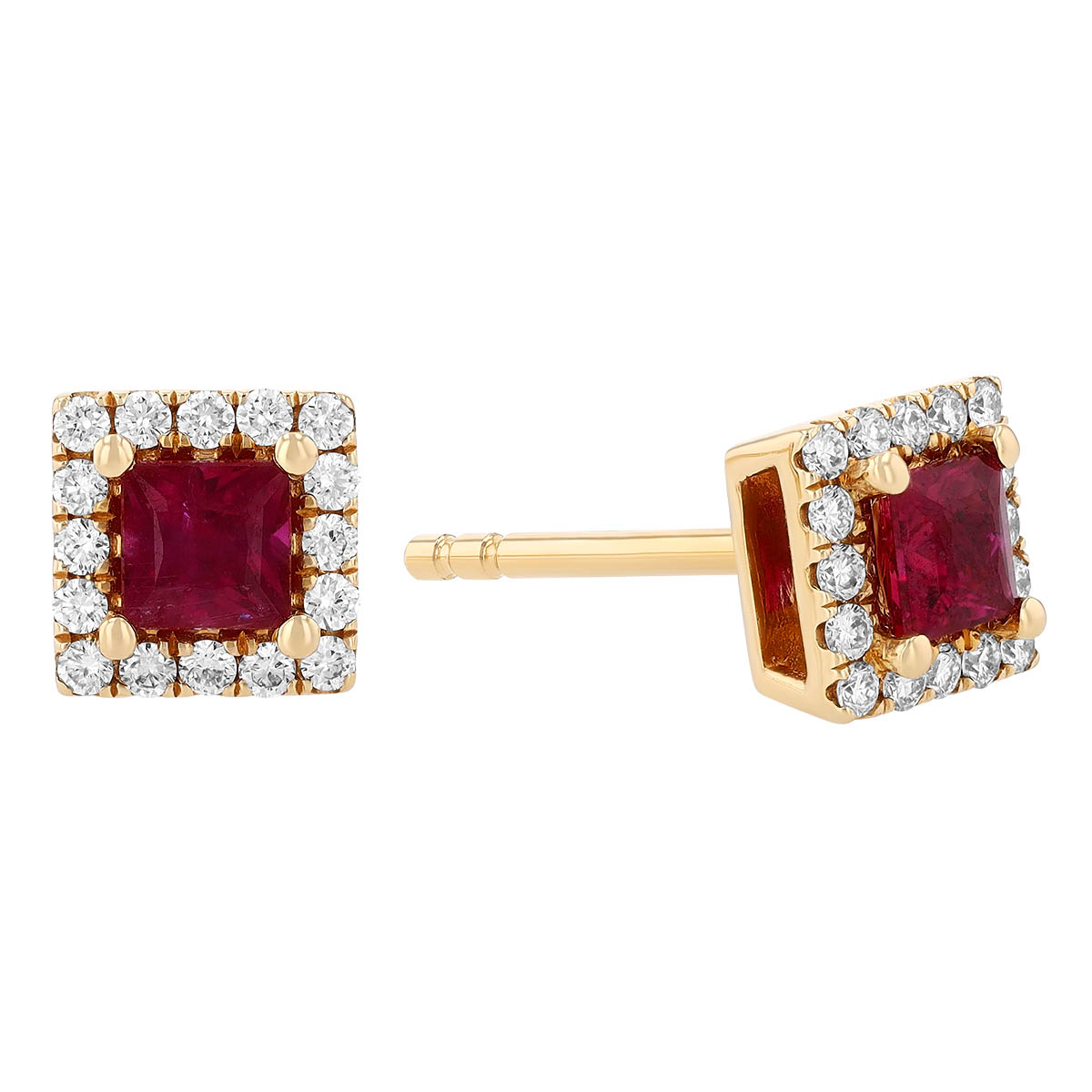 Princess Cut Ruby & Diamond Halo Stud Earrings in Yellow Gold