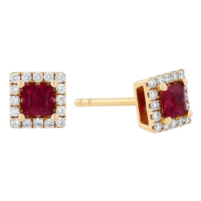 Princess Cut Ruby & Diamond Halo Stud Earrings in Yellow Gold
