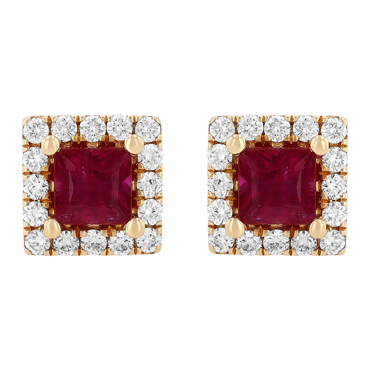 Princess Cut Ruby & Diamond Halo Stud Earrings in Yellow Gold