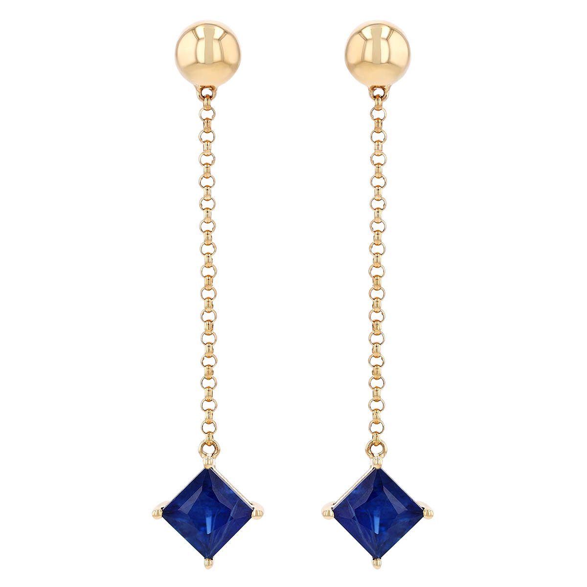 Princess Cut Sapphire Chain Dangle Earrings in Yellow Gold