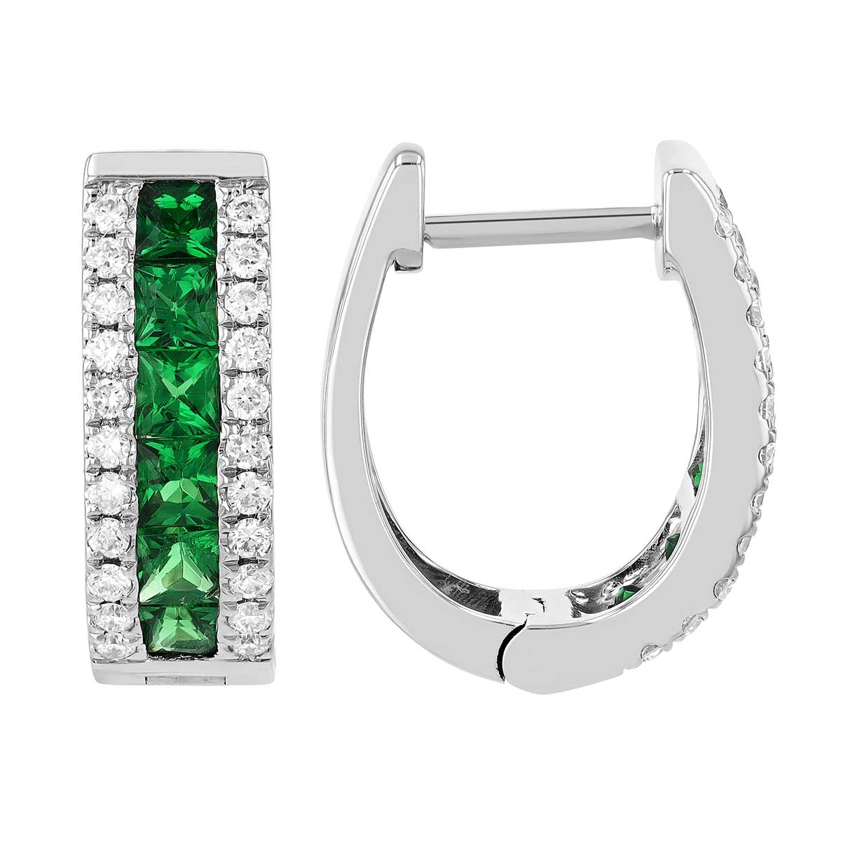 Channel Set Princess Cut Tsavorite Garnet & Diamond Hoop Earrings in White Gold, 1.24 ct