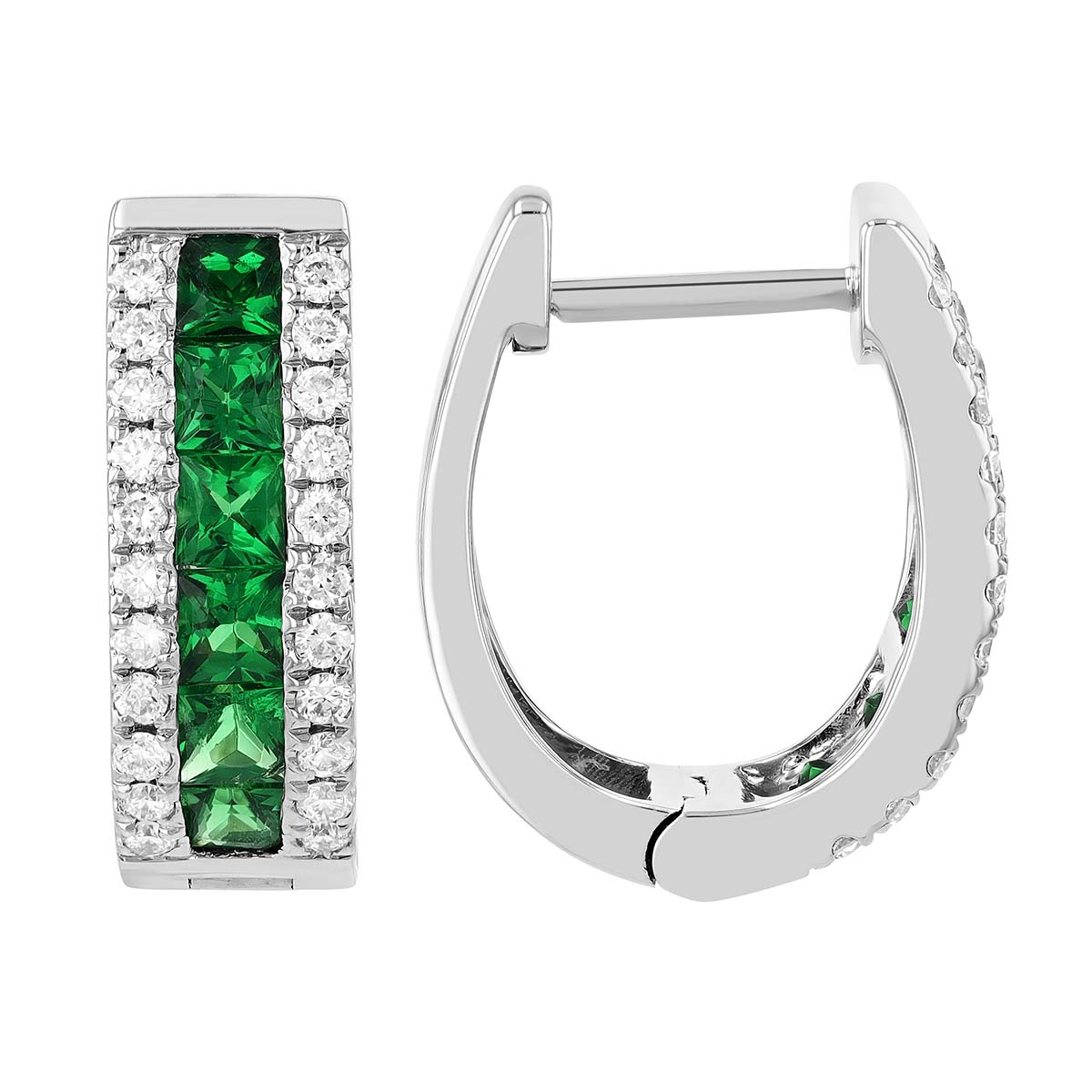 Channel Set Princess Cut Tsavorite Garnet & Diamond Hoop Earrings in White Gold, 1.23 ct