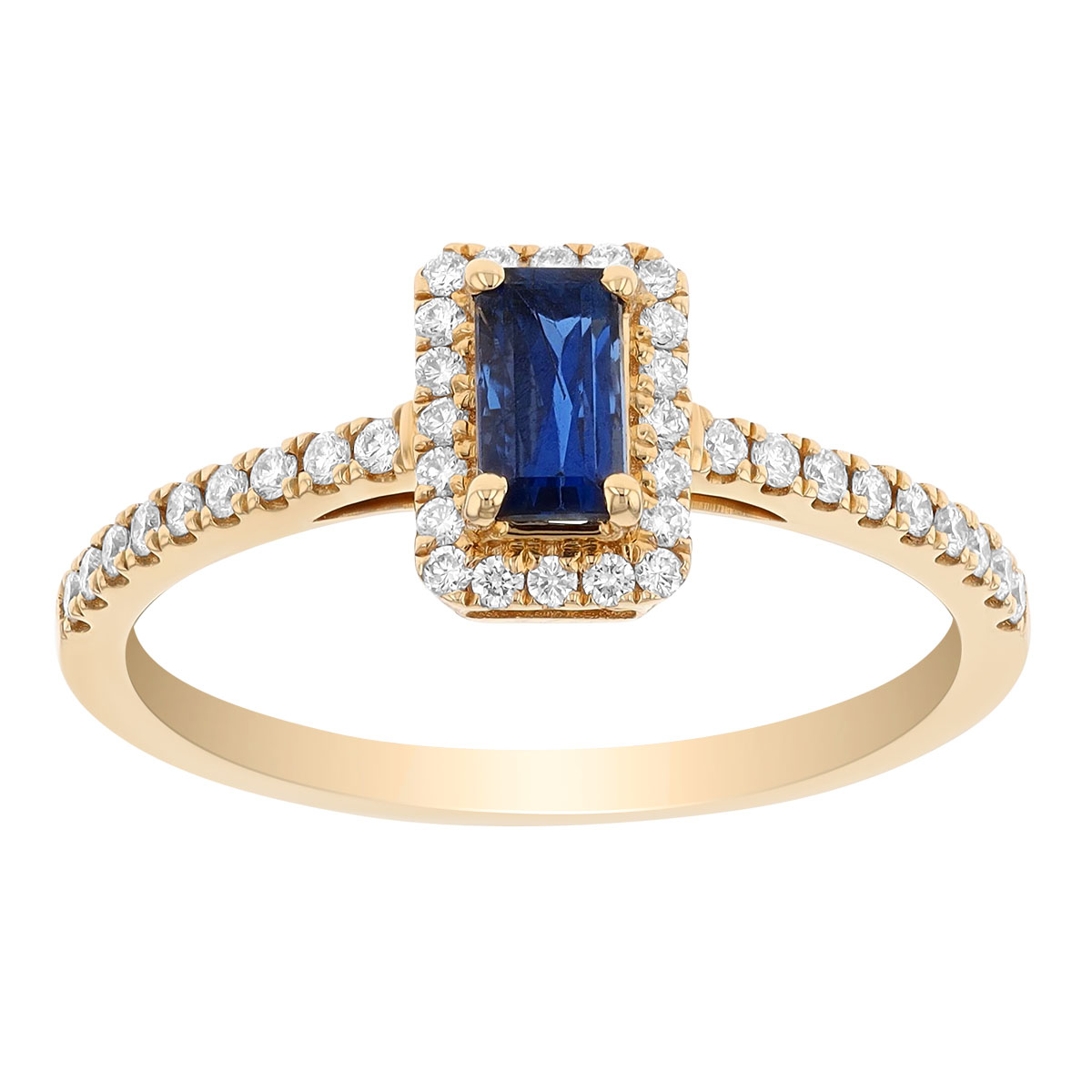 Emerald Cut Sapphire & Diamond Halo Ring in Yellow Gold