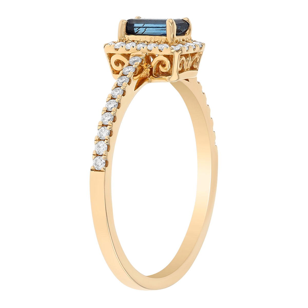 Emerald Cut Sapphire & Diamond Halo Ring in Yellow Gold