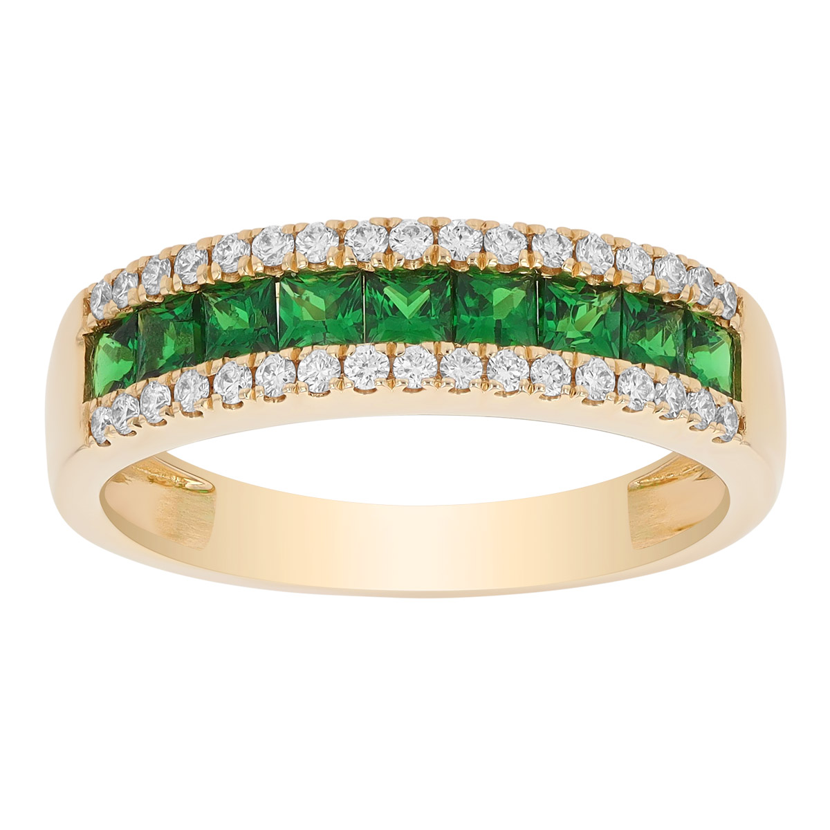 Princess Cut Tsavorite Garnet & Diamond Channel Set Ring in Yellow Gold