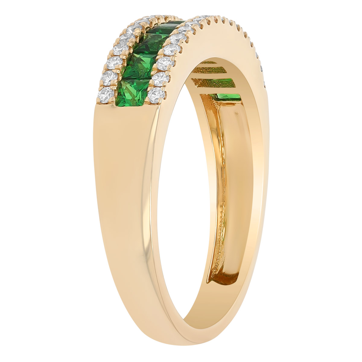 Princess Cut Tsavorite Garnet & Diamond Channel Set Ring in Yellow Gold