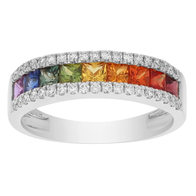 Channel Set Princess Cut Multicolored Sapphire & Diamond Ring in White Gold