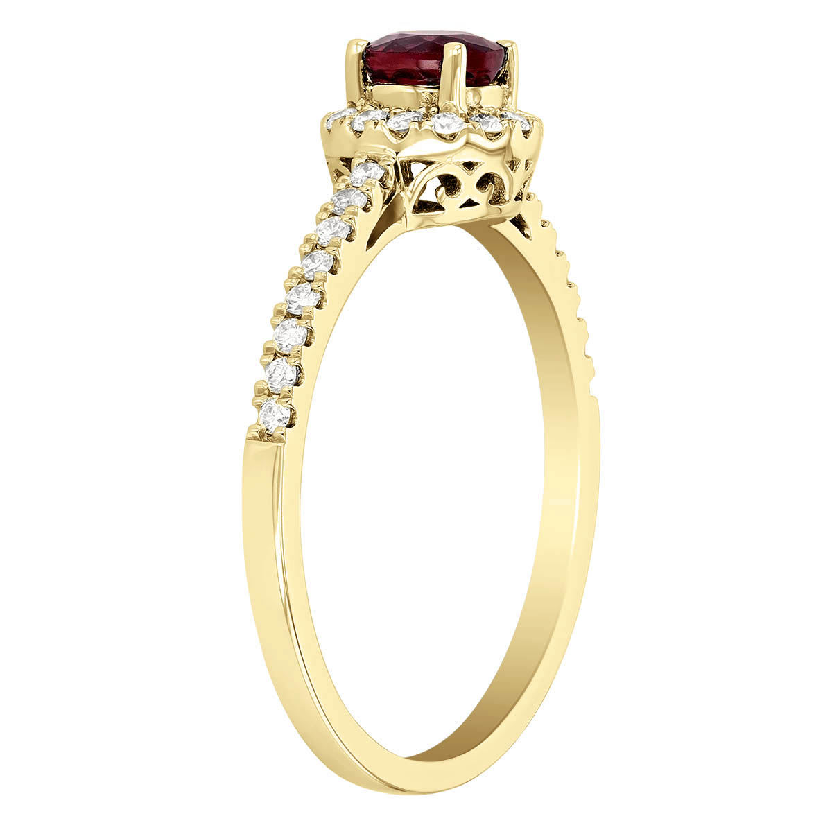 Round Ruby & Diamond Halo Ring in Yellow Gold