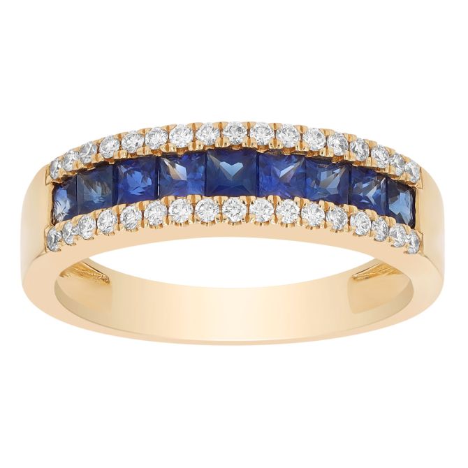 Channel Set Princess Cut Sapphire & Diamond Ring in Yellow Gold