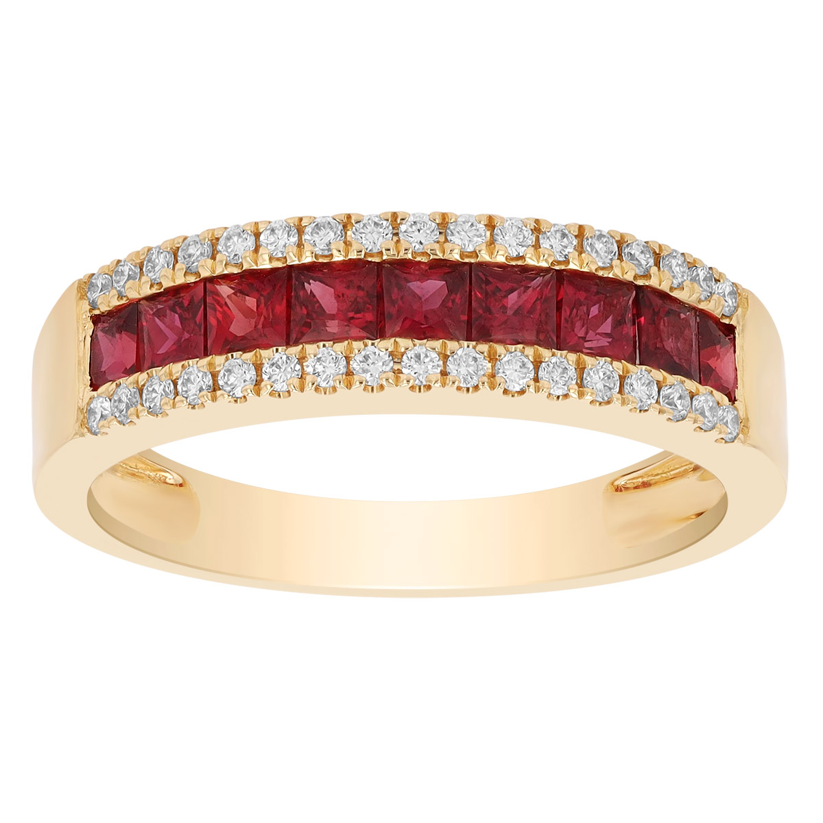 Channel Set Princess Cut Ruby & Diamond Ring in Yellow Gold