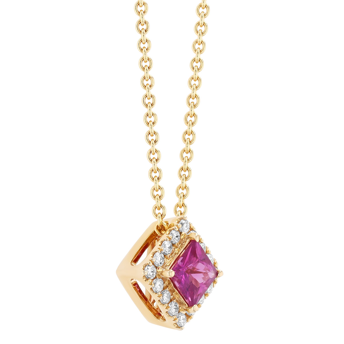 Princess Cut Pink Sapphire & Diamond Halo Pendant in Yellow Gold