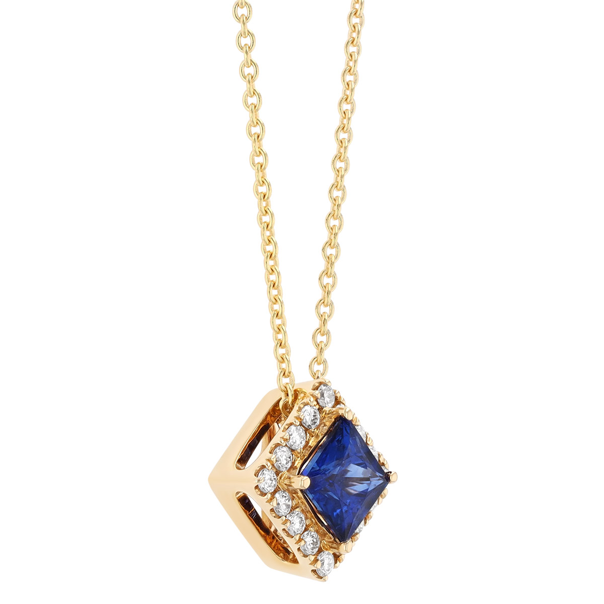 Princess Cut Sapphire & Diamond Halo Pendant in Yellow Gold, 0.61 ct