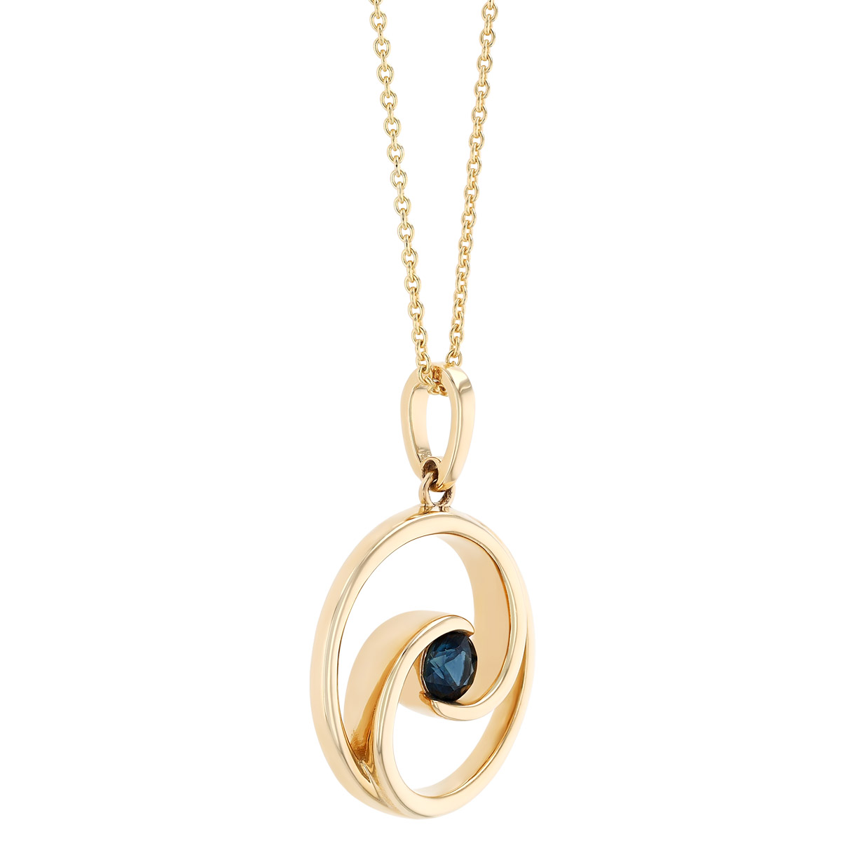 Round Sapphire Open Swirl Circle Pendant in Yellow Gold