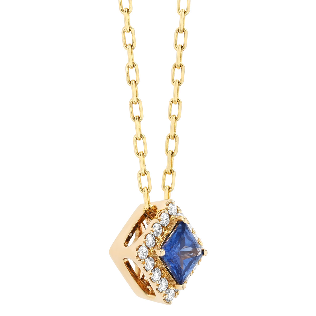 Princess Cut Sapphire & Diamond Halo Pendant in Yellow Gold, 0.47 ct