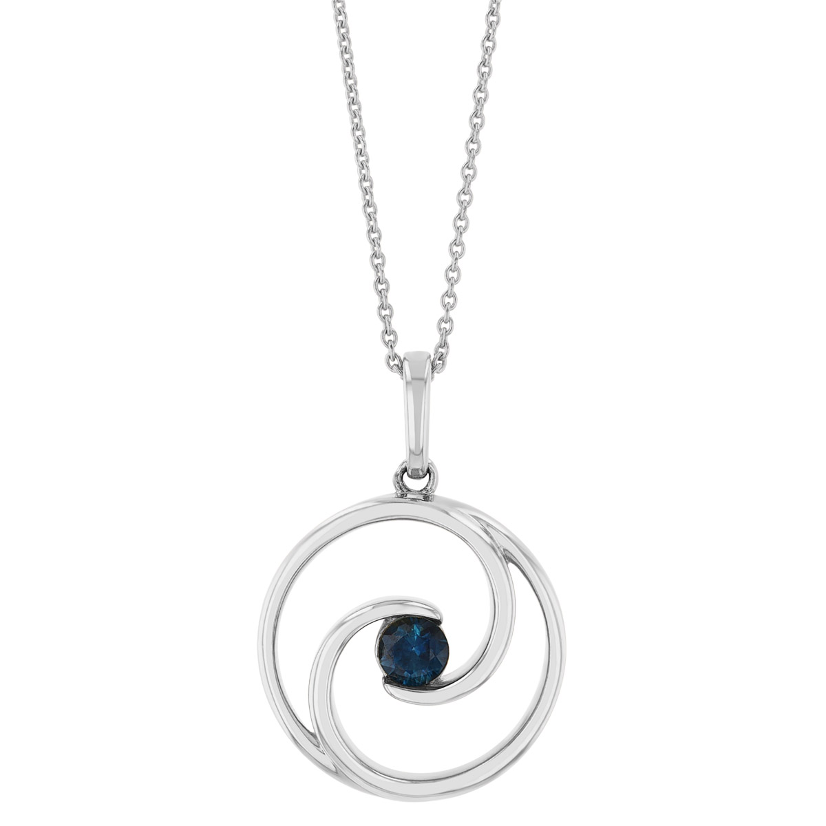 Round Sapphire Open Swirl Circle Pendant in White Gold