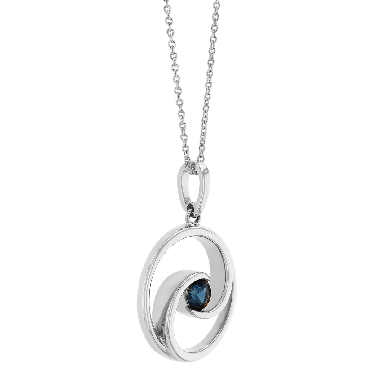 Round Sapphire Open Swirl Circle Pendant in White Gold