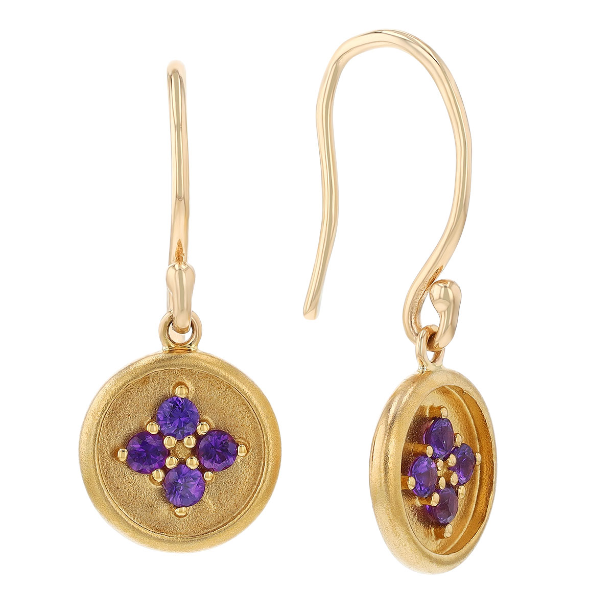 Purple Sapphire Quartet Disc Dangle Earrings in Yellow Gold