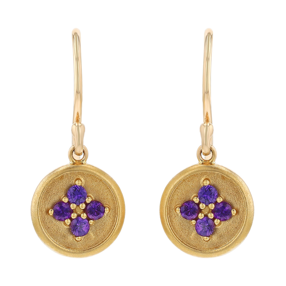Purple Sapphire Quartet Disc Dangle Earrings in Yellow Gold