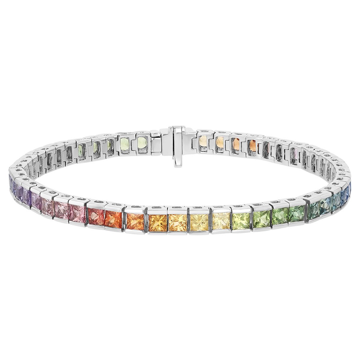 Princess Cut Multicolored Sapphire Tennis Bracelet in White Gold, 7