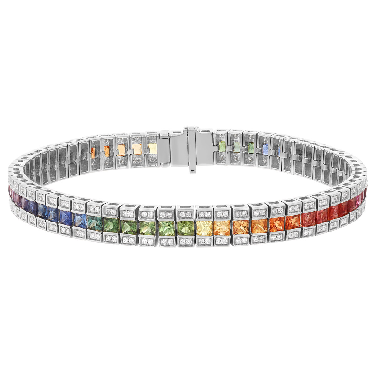 Princess Cut Multicolored Sapphire & Diamond Tennis Bracelet in White Gold, 7