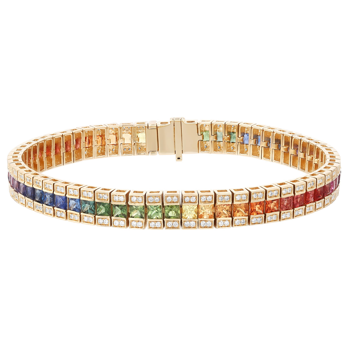 Princess Cut Multicolored Sapphire & Diamond Tennis Bracelet in Yellow Gold, 7