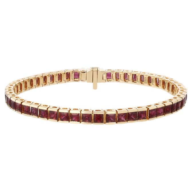 Princess Cut Ruby Tennis Bracelet in Yellow Gold, 7"