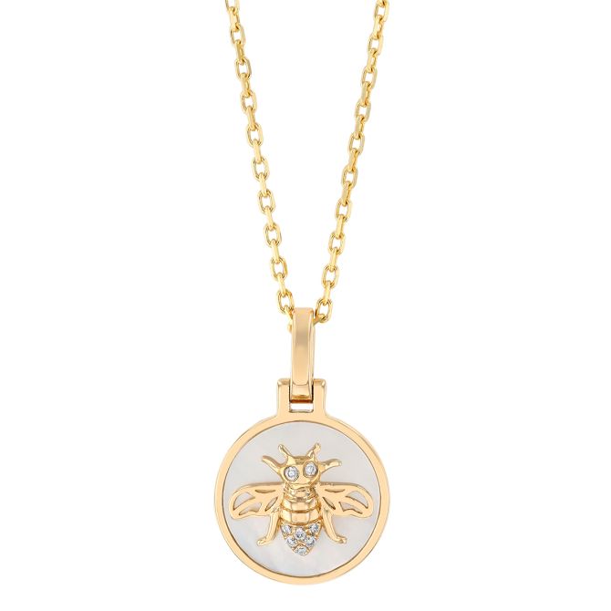 Frederic Sage Mother of Pearl & Diamond Bee Disc Pendant in Yellow Gold, 18"