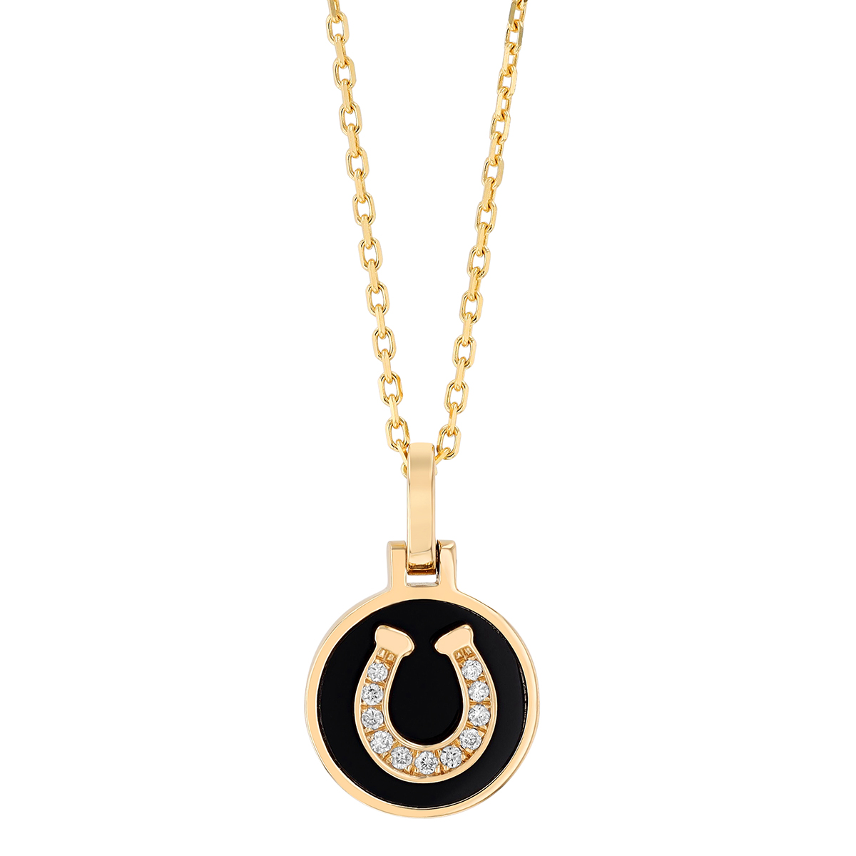 Frederic Sage Black Onyx Chalcedony & Diamond Horseshoe Disc Pendant in Yellow Gold, 18