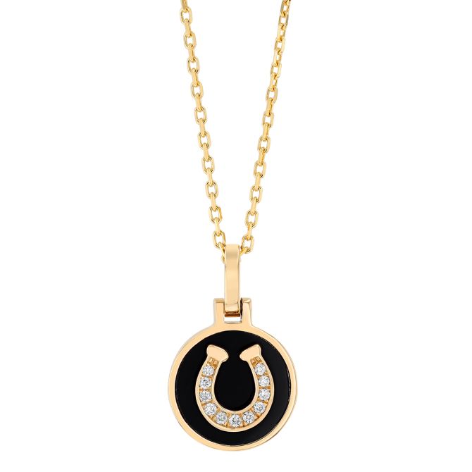 Frederic Sage Black Onyx Chalcedony & Diamond Horseshoe Disc Pendant in Yellow Gold, 18"