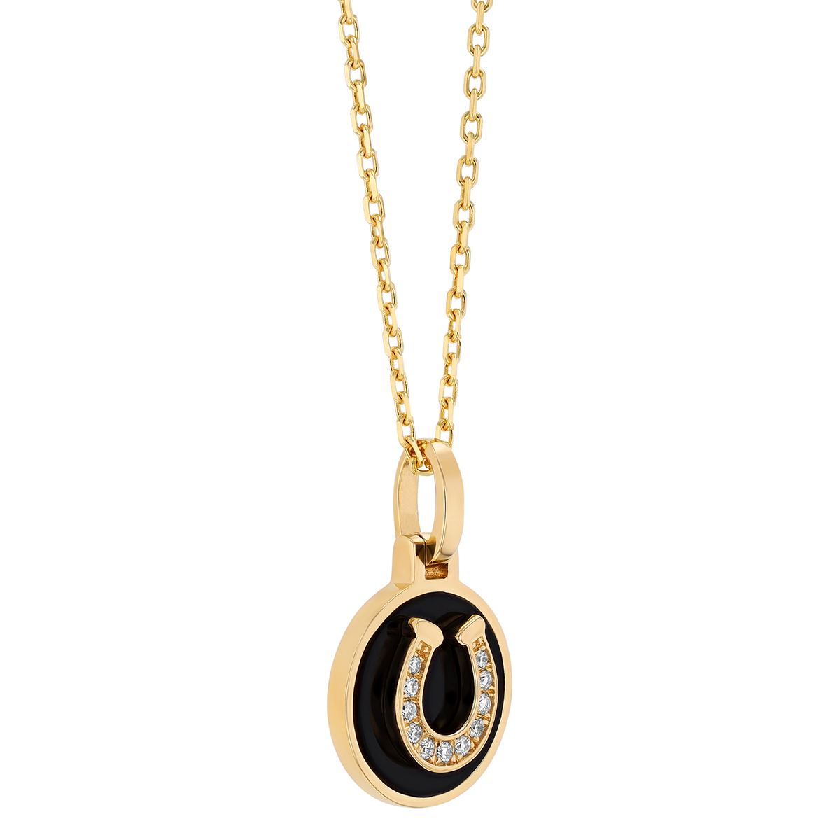 Frederic Sage Black Onyx Chalcedony & Diamond Horseshoe Disc Pendant in Yellow Gold, 18